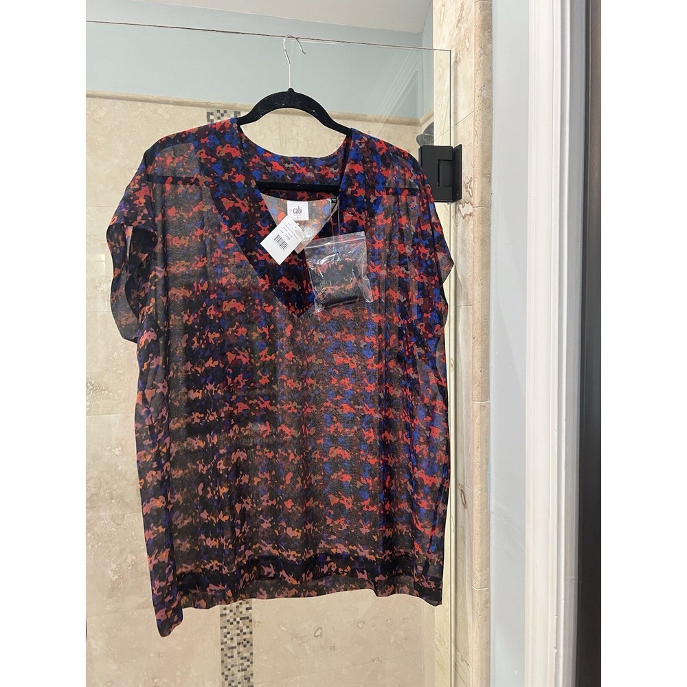 CAbi Bonus Print Blouse 3428 Large Red Abstract Houndstooth Sheer V-Neck NWT